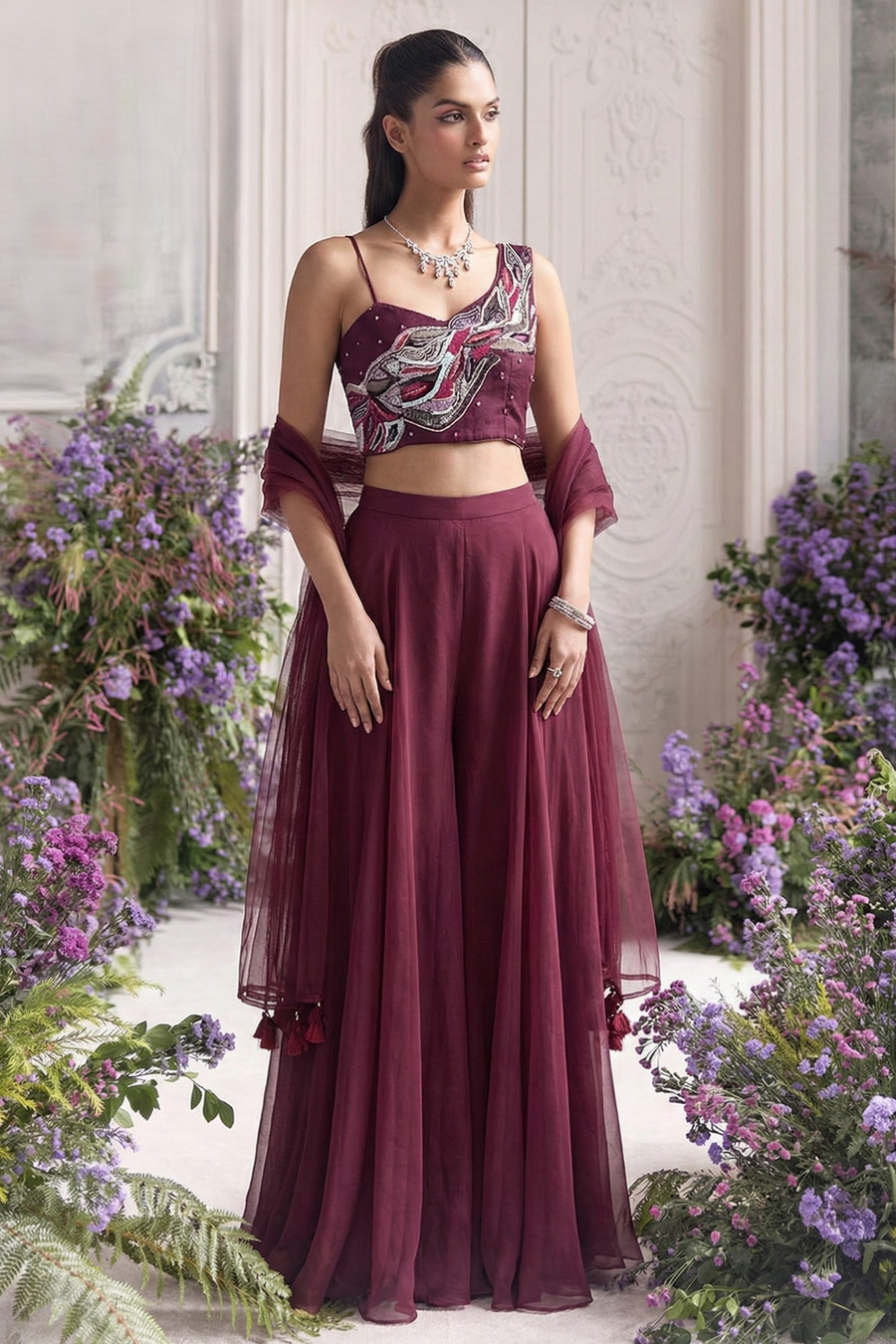 Wine Georgette Asymmetric One Shoulder Top with Plazo Suit with Moti and Embroidery Work