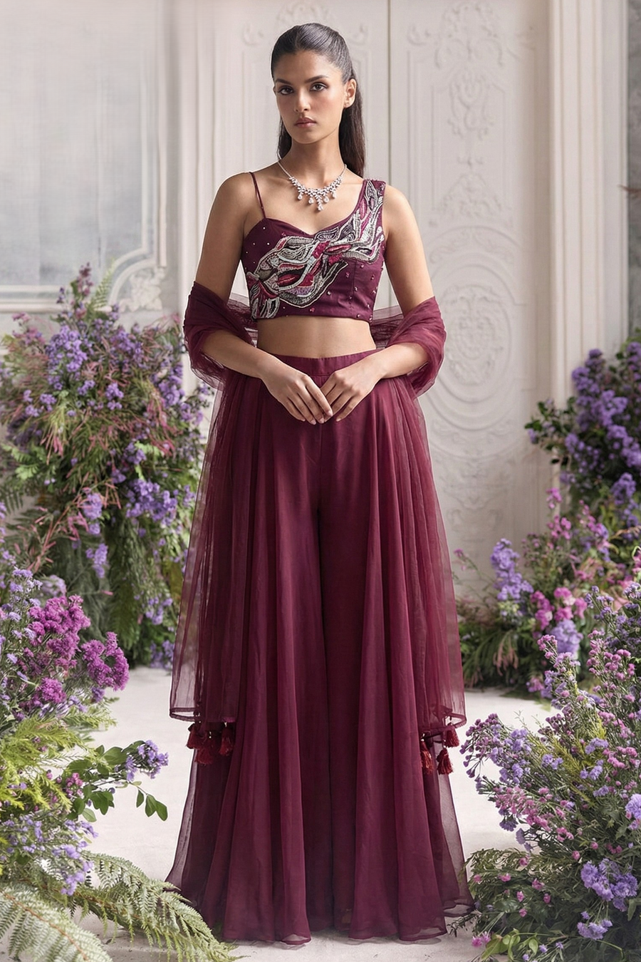Wine Georgette Asymmetric One Shoulder Top with Plazo Suit with Moti and Embroidery Work