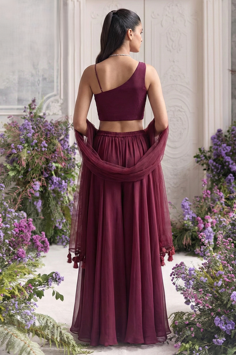 Wine Georgette Asymmetric One Shoulder Top with Plazo Suit with Moti and Embroidery Work