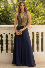 Navy Blue Co Ord Sets Women - Plain Plazo & Jacquard Waistcoat