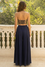 Navy Blue Co Ord Sets Women - Plain Plazo & Jacquard Waistcoat