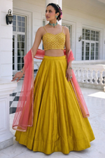 Mustard Yellow Vichitra Silk Sleeveless Party Wear Lehenga Choli with Embroidery