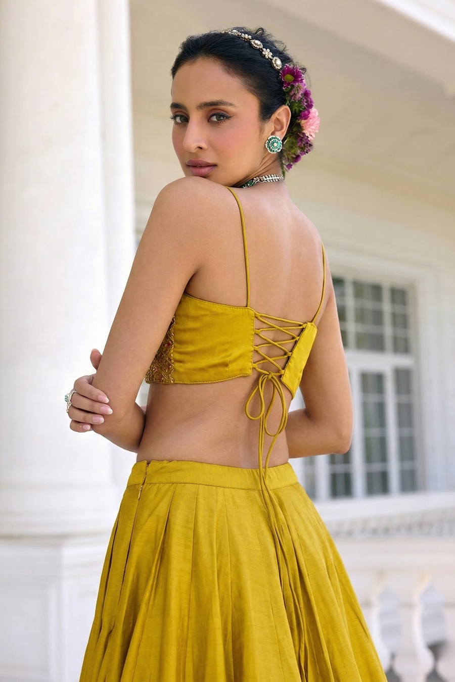 Yellow Vichitra Silk Sleeveless Party Wear Lehenga Choli with Thread Embroidery Work