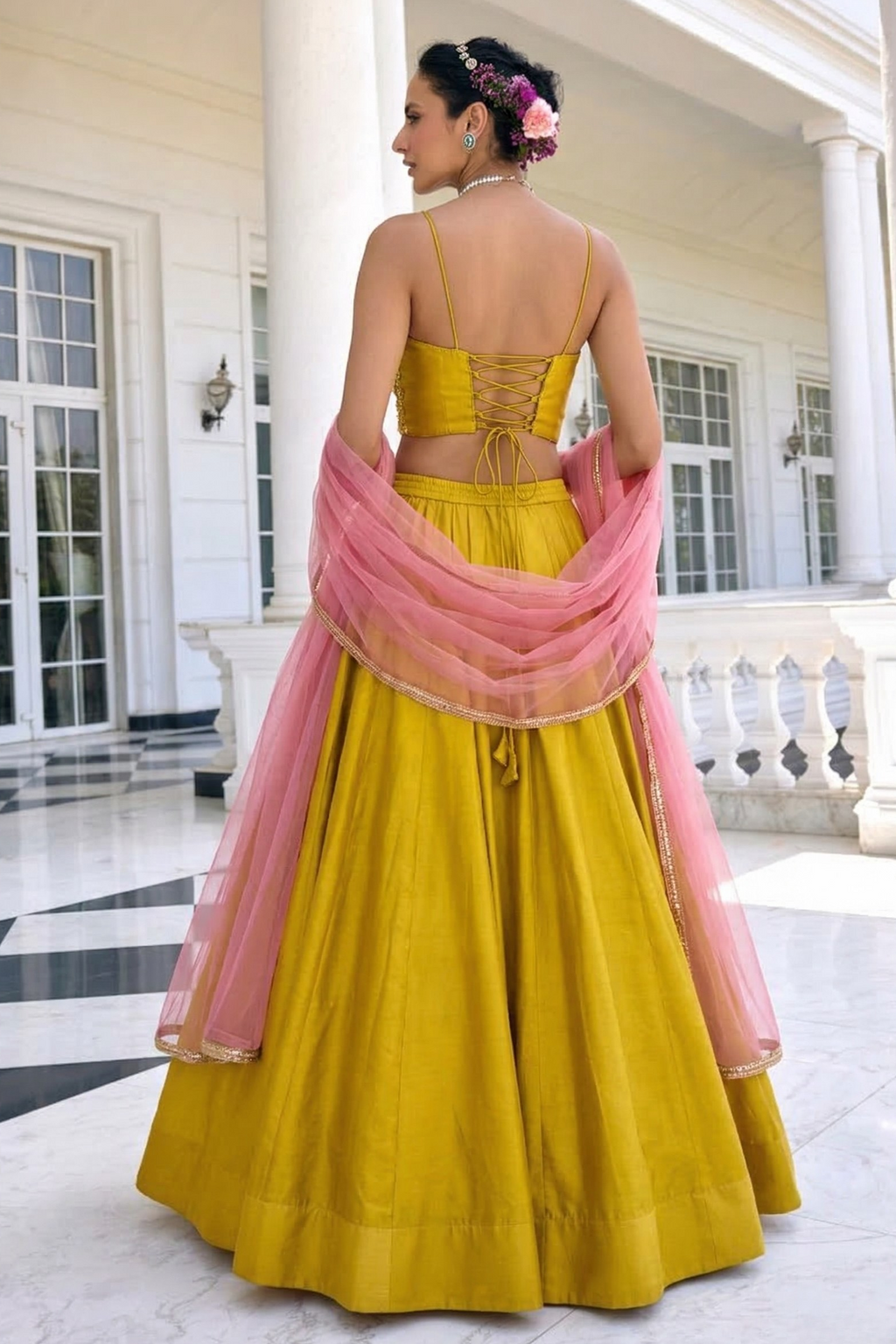 Yellow Vichitra Silk Sleeveless Party Wear Lehenga Choli with Thread Embroidery Work