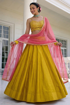 Yellow Vichitra Silk Sleeveless Party Wear Lehenga Choli with Thread Embroidery Work