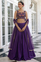 Purple Vichitra Silk Sleeveless Party Wear Lehenga Choli with Thread Embroidery Work