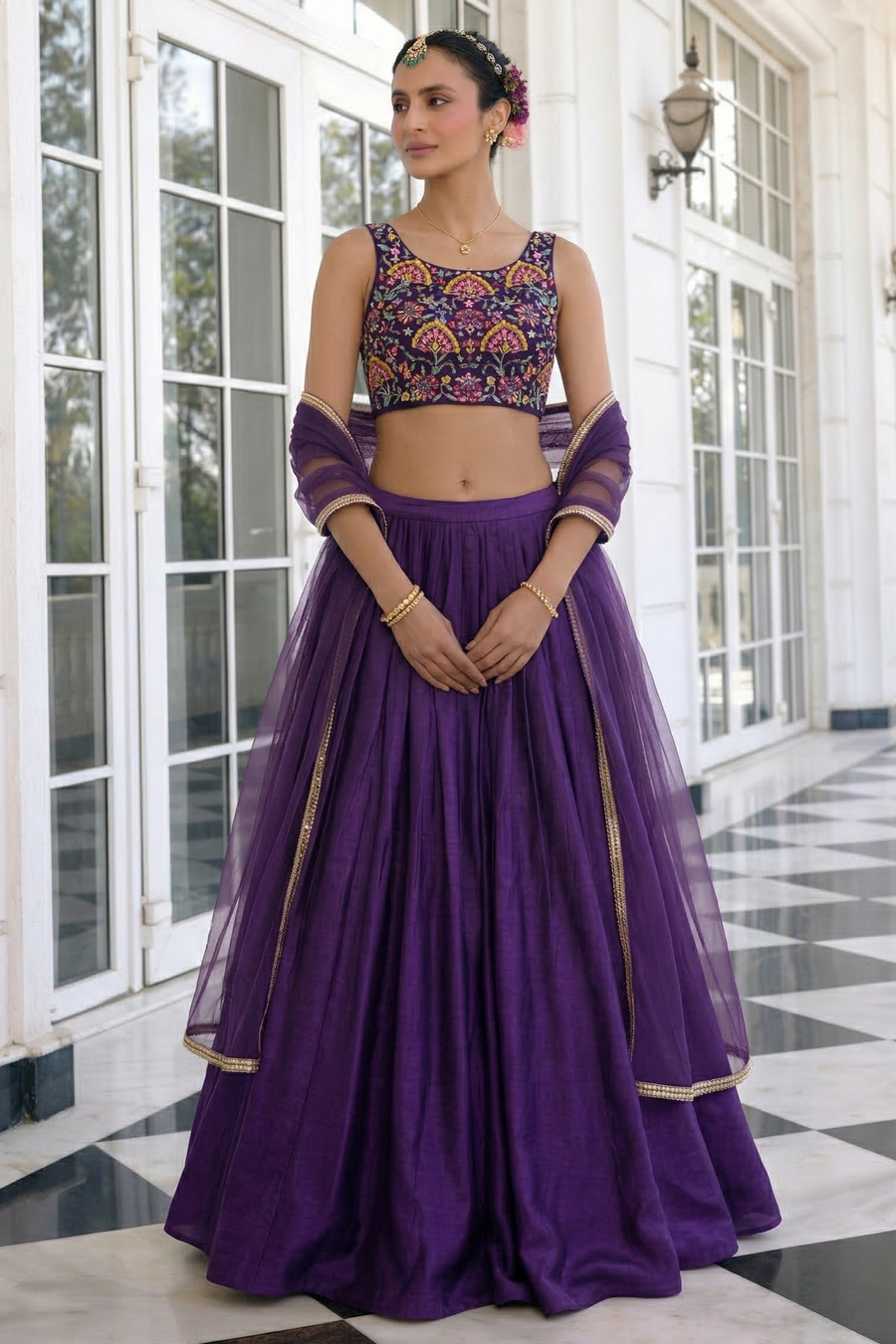 Purple Vichitra Silk Sleeveless Party Wear Lehenga Choli with Thread Embroidery Work