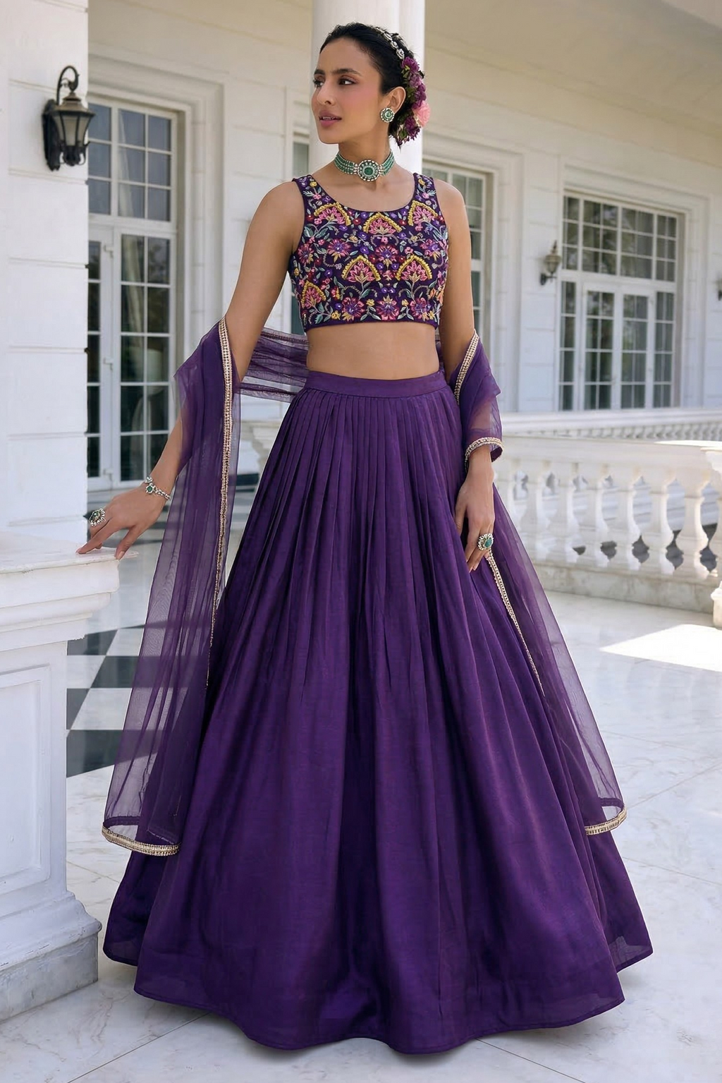 Purple Vichitra Silk Sleeveless Party Wear Lehenga Choli with Thread Embroidery Work