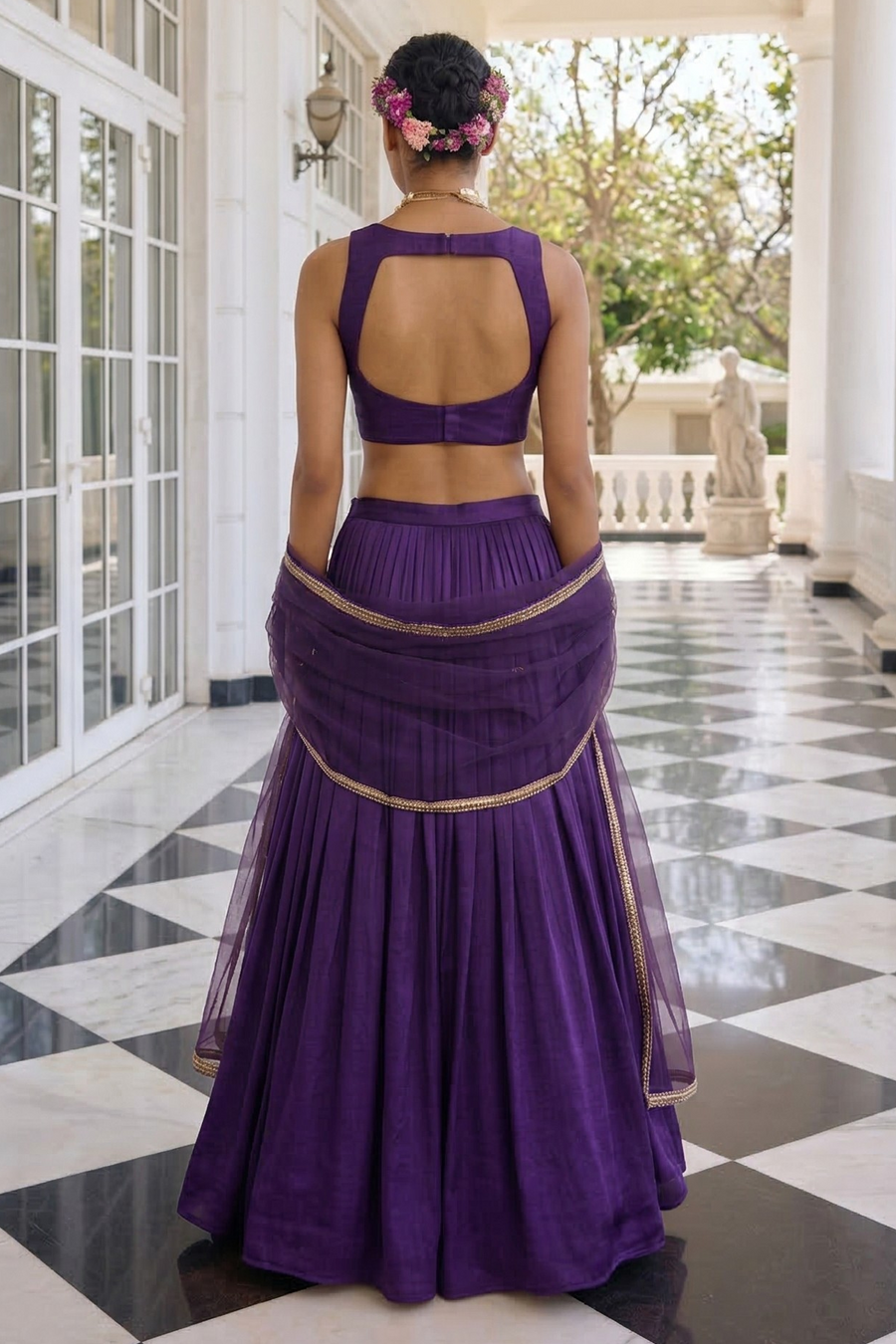 Purple Vichitra Silk Sleeveless Party Wear Lehenga Choli with Thread Embroidery Work