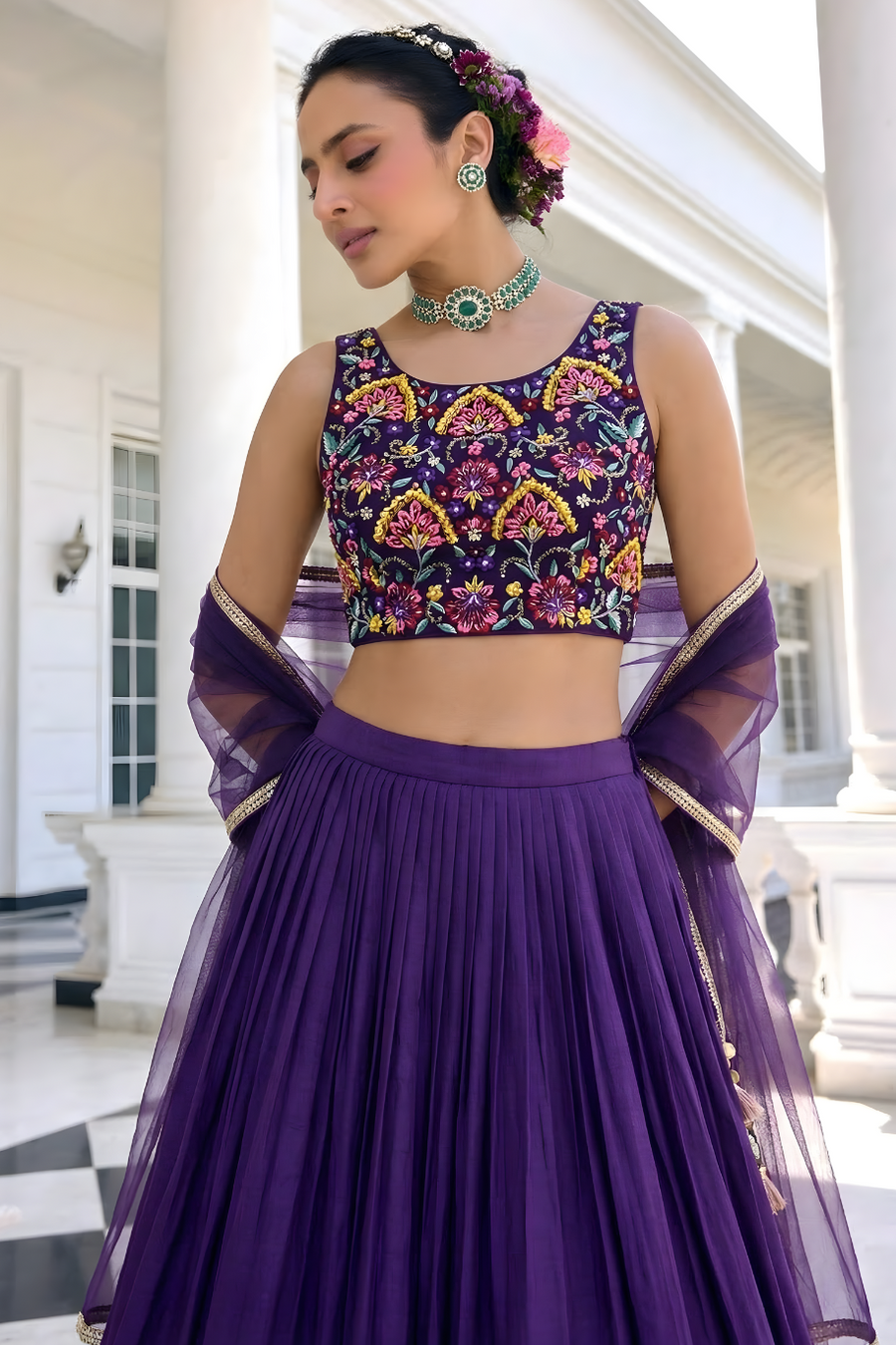 Purple Vichitra Silk Sleeveless Party Wear Lehenga Choli with Thread Embroidery Work