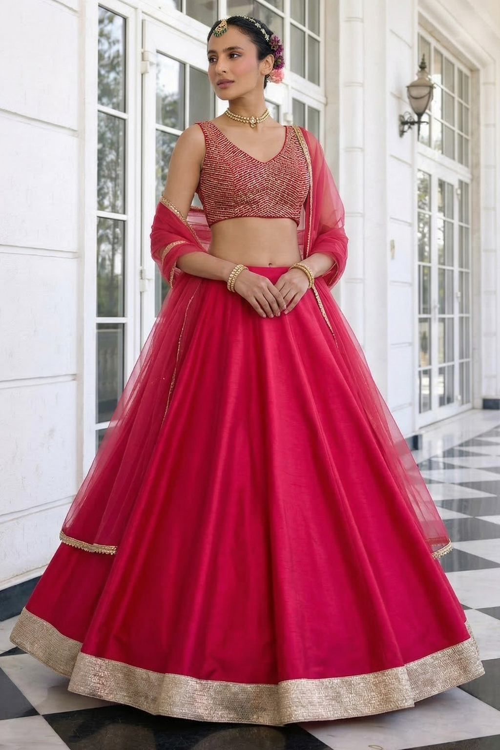 Magenta Vichitra Silk Sleeveless Party Wear Lehenga Choli With Thread Embroidery Work
