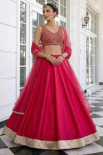 Hot Pink Vichitra Silk Sleeveless Party Wear Lehenga Choli With Thread Embroidery Work