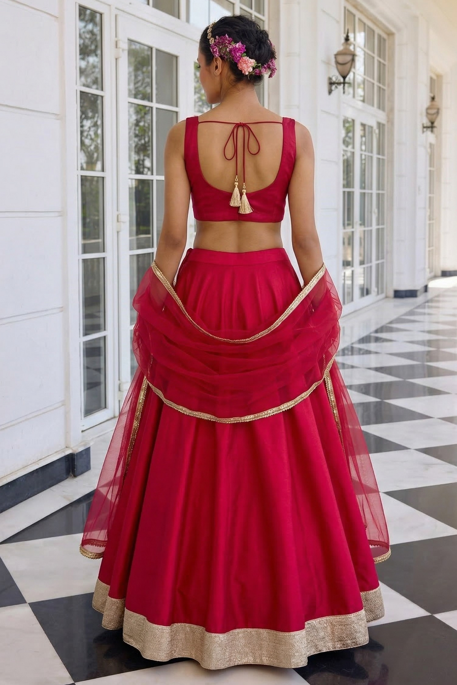 Magenta Vichitra Silk Sleeveless Party Wear Lehenga Choli With Thread Embroidery Work