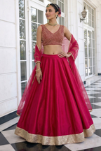 Magenta Vichitra Silk Sleeveless Party Wear Lehenga Choli With Thread Embroidery Work