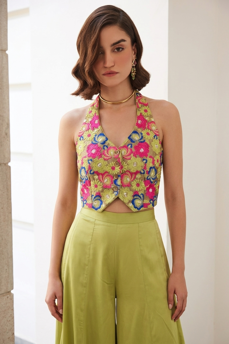 Green Chinon Silk Plazo and Waistcoat Co Ord Sets Women