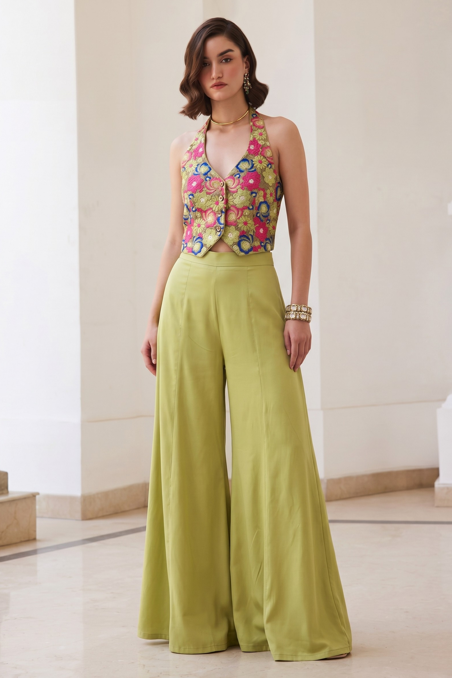 Green Chinon Silk Plazo and Waistcoat Co Ord Sets Women