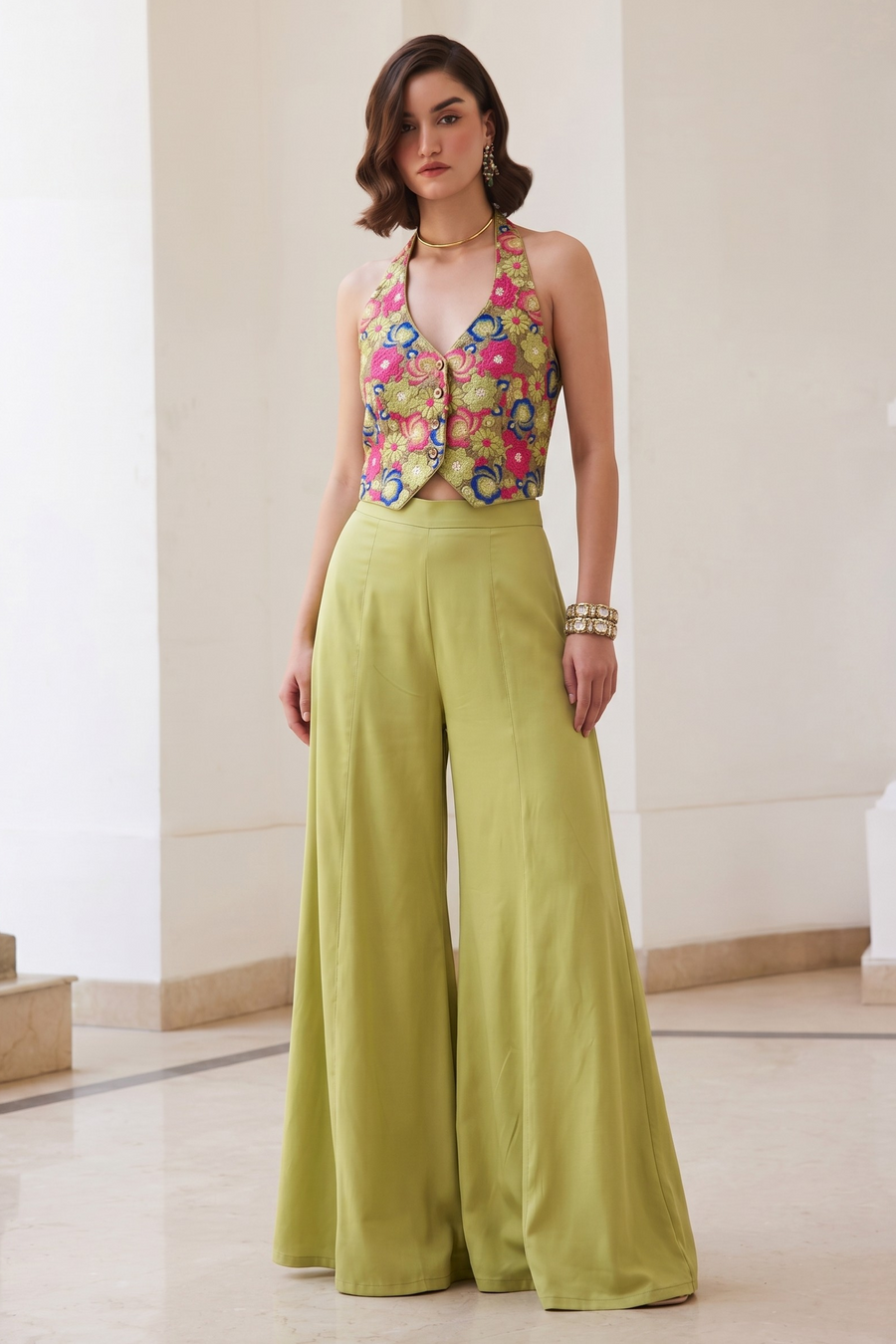 Green Chinon Silk Plazo and Waistcoat Co Ord Sets Women