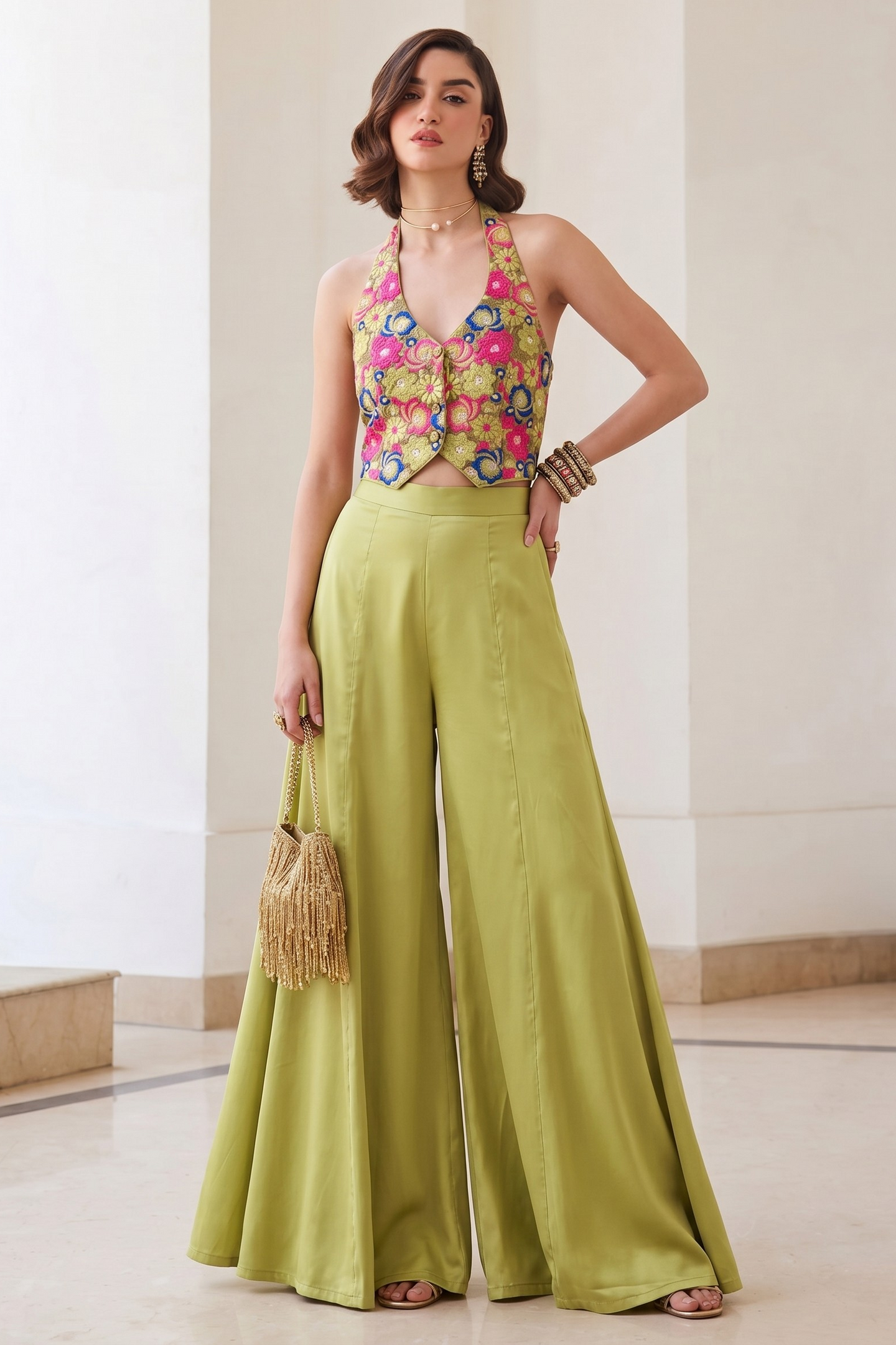 Green Chinon Silk Plazo and Waistcoat Co Ord Sets Women