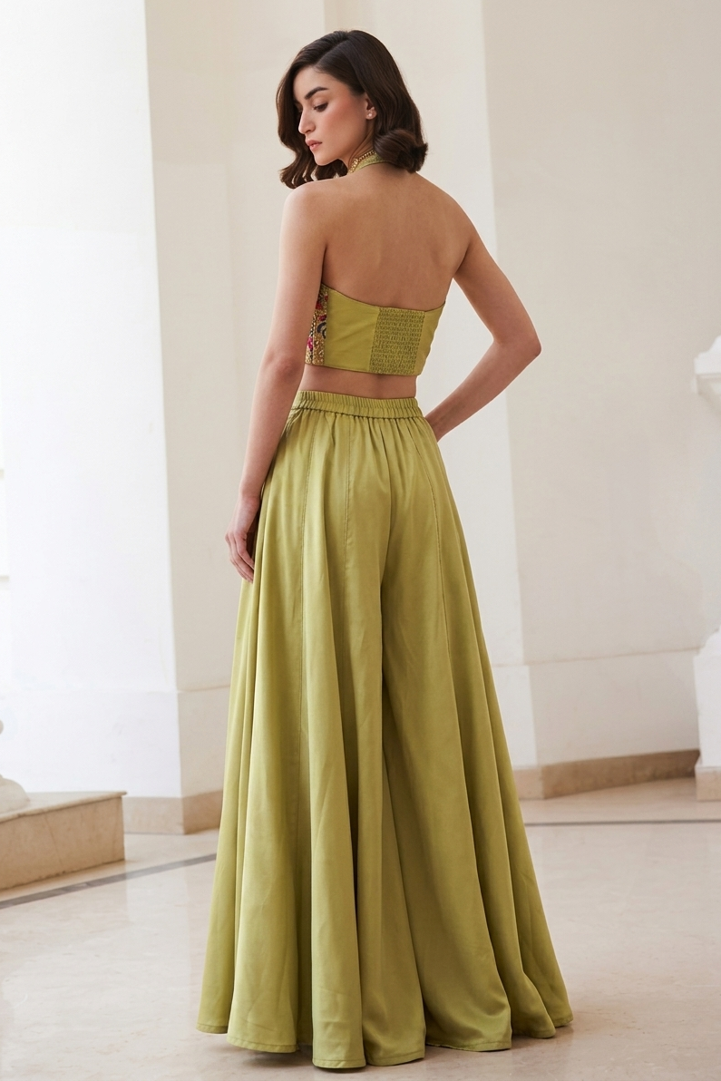 Green Chinon Silk Plazo and Waistcoat Co Ord Sets Women