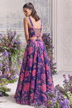 Back view of the blue lehenga choli, highlighting the deep neckline and criss-cross lace-up back tie.