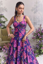 Close-up of the blue lehenga's print on pleated organza.