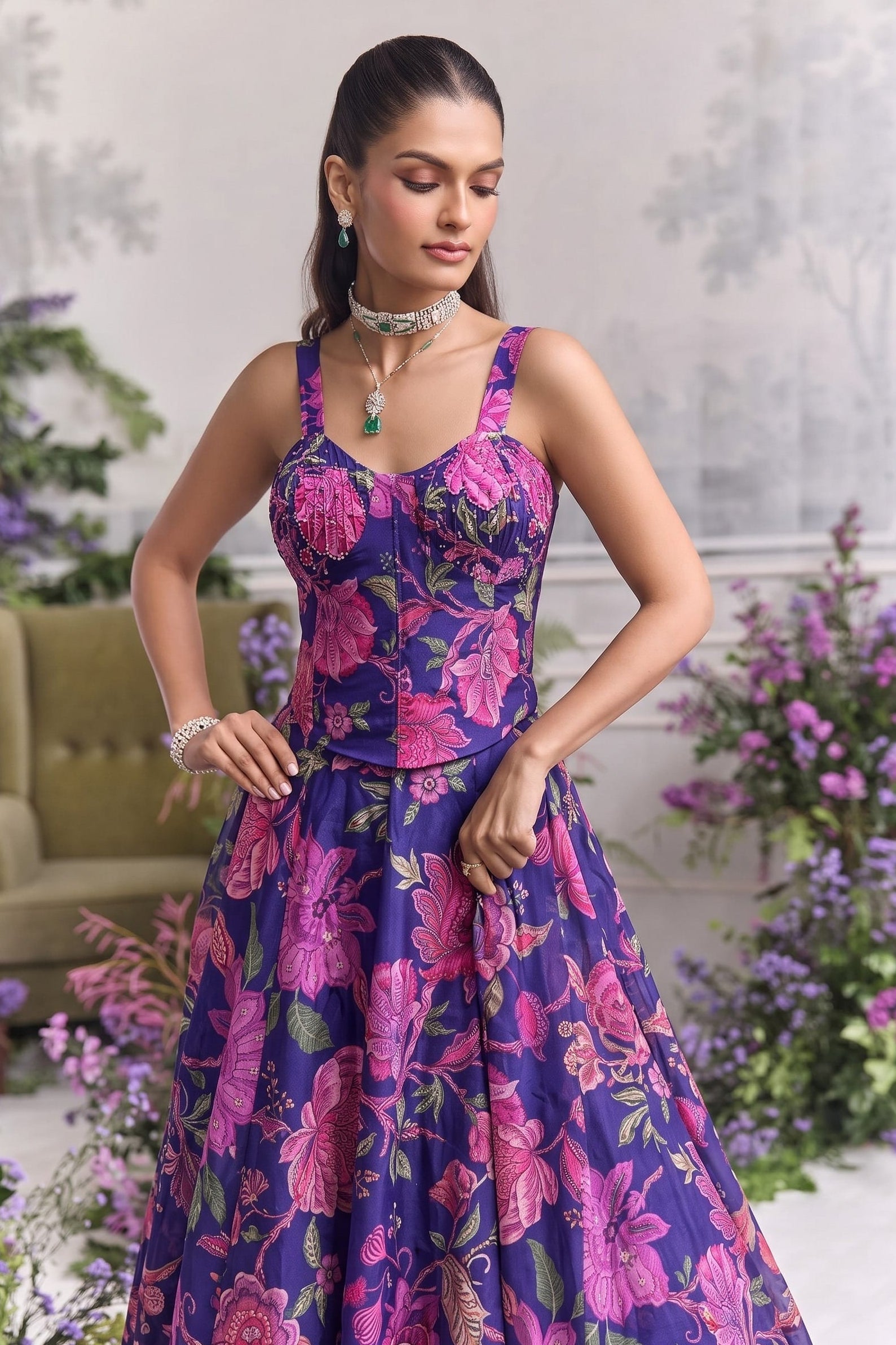 Close-up of the blue lehenga's print on pleated organza.