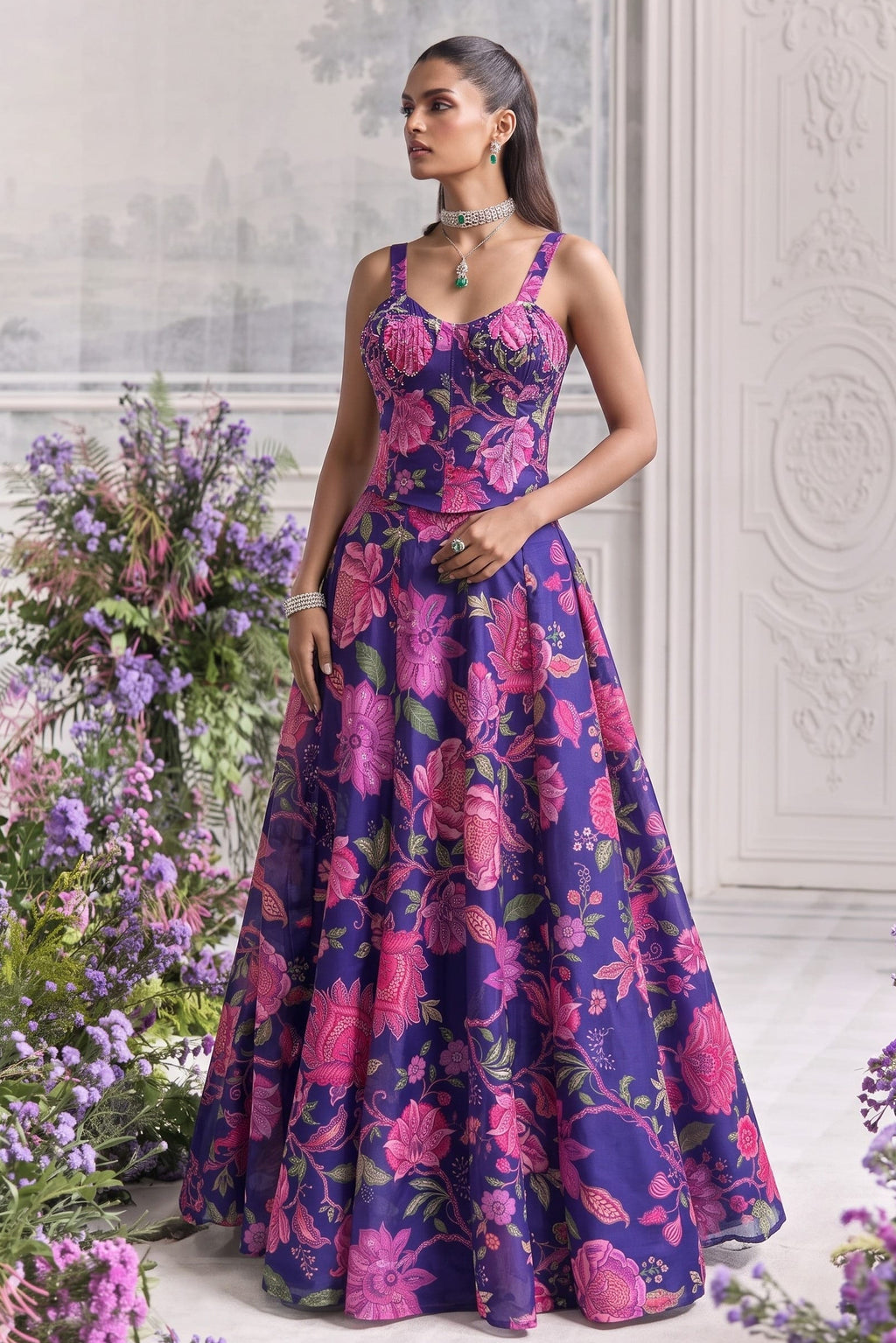 Blue reception lehenga styled with a sequin clutch bag for a wedding guest look.