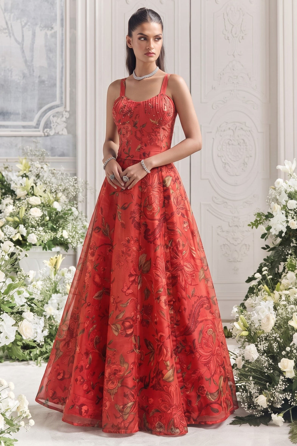 Close-up of the red blouse's pleated print work on organza fabric.