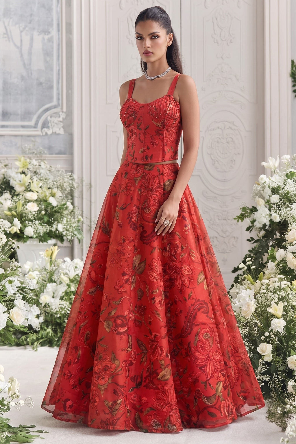 Red lehenga for marriage reception with sleeveless sweetheart blouse and floral organza skirt.