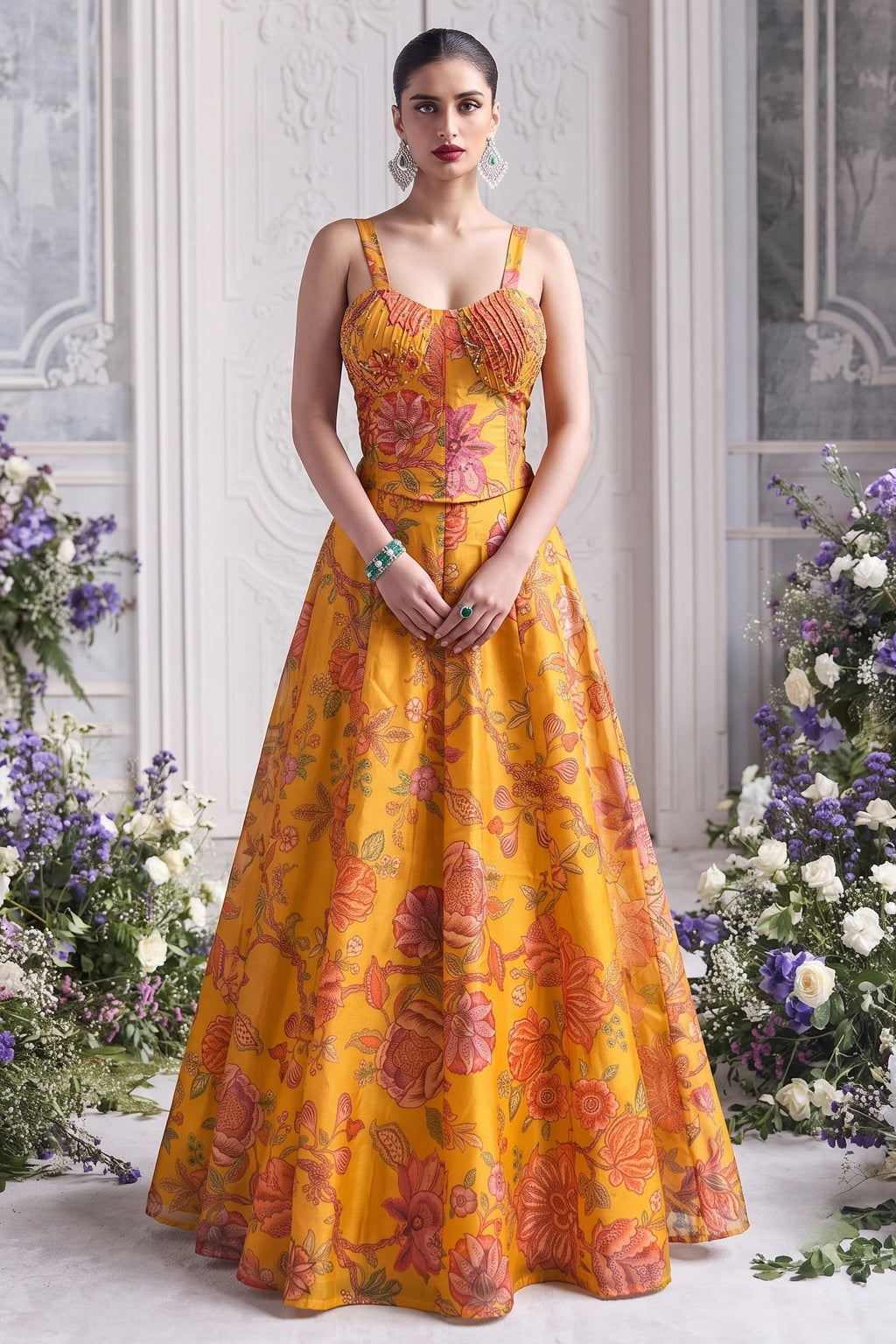Mustard yellow reception lehenga styled for festive wedding season celebrations.