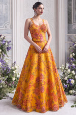 Party Wear Lehenga in Mustard Yellow with Sleeveless Blouse