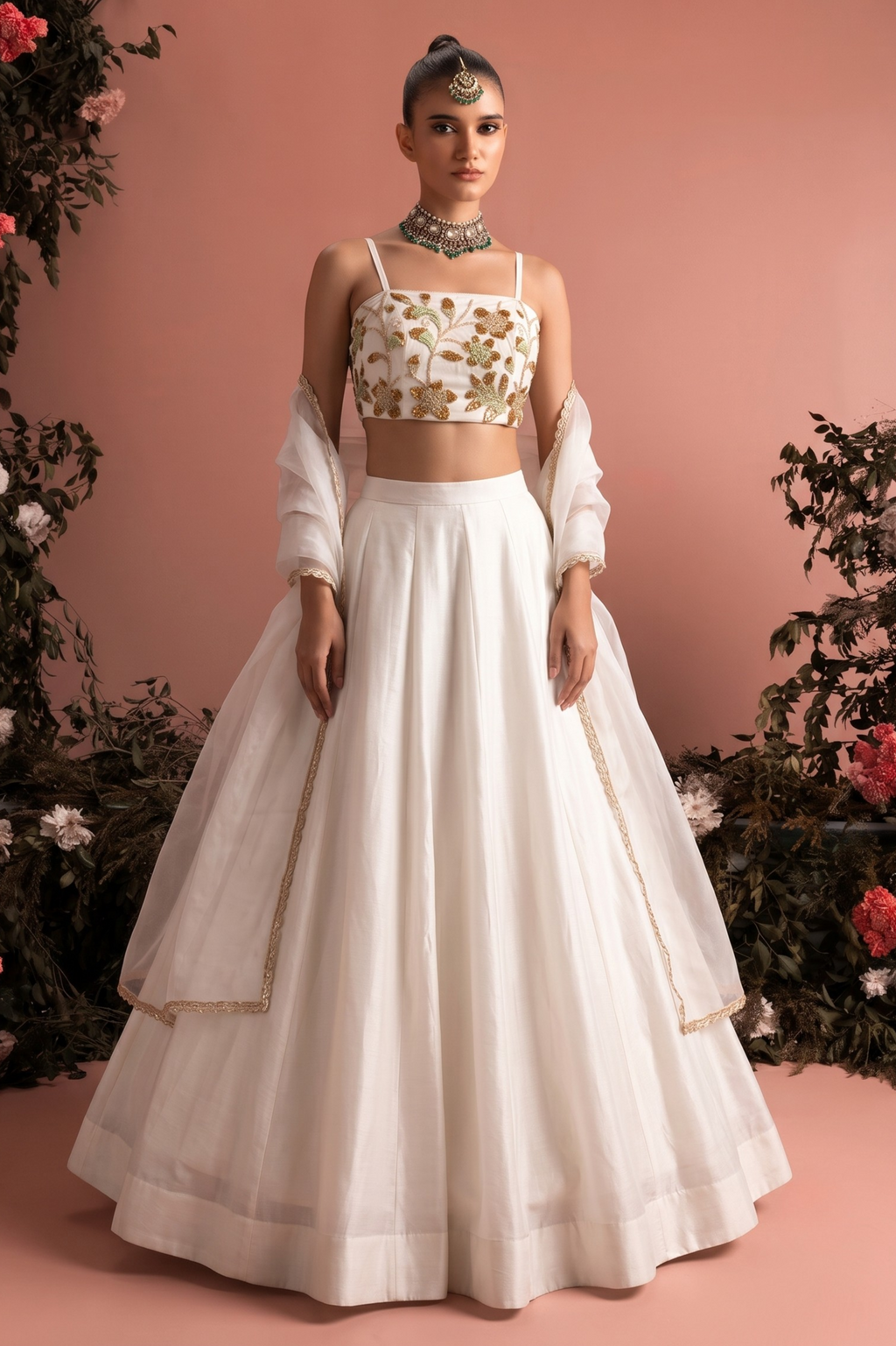 White Party Wear Lehenga Choli with Bead Embroidery