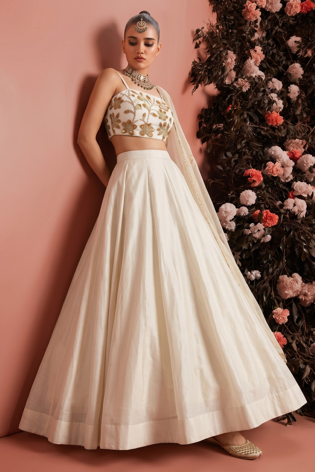 White Party Wear Lehenga Choli with Bead Embroidery