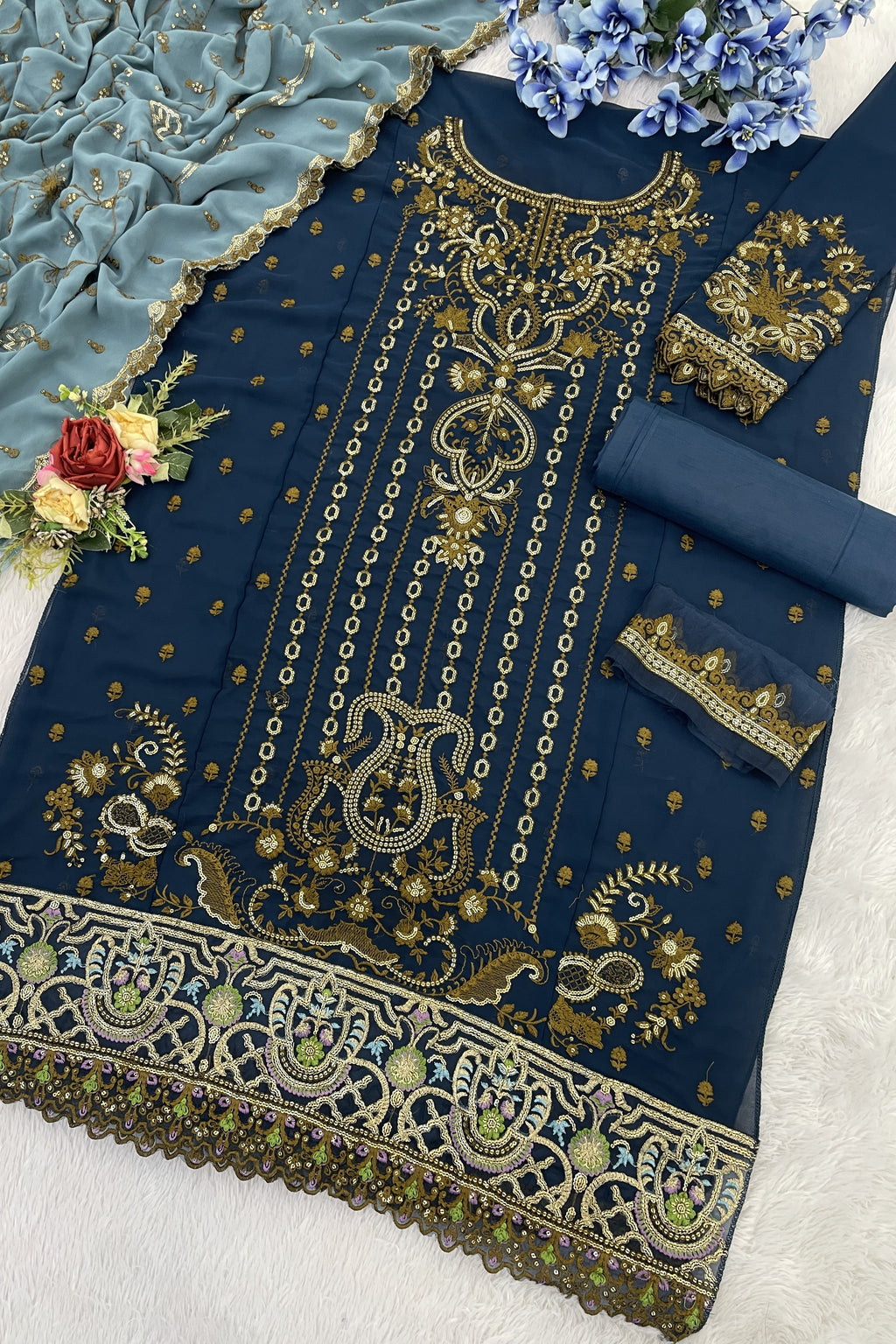 Teal Georgette Kameez With Pant For Indian & Pakistani Wedding Festival - Thread & Sequence Embroidery