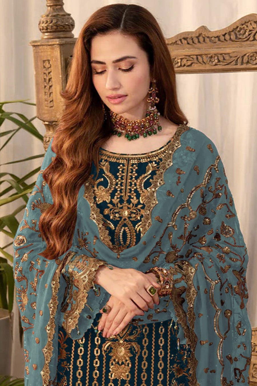 Teal Georgette Kameez With Pant For Indian & Pakistani Wedding Festival - Thread & Sequence Embroidery