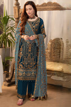 Teal Georgette Kameez With Pant For Indian & Pakistani Wedding Festival - Thread & Sequence Embroidery