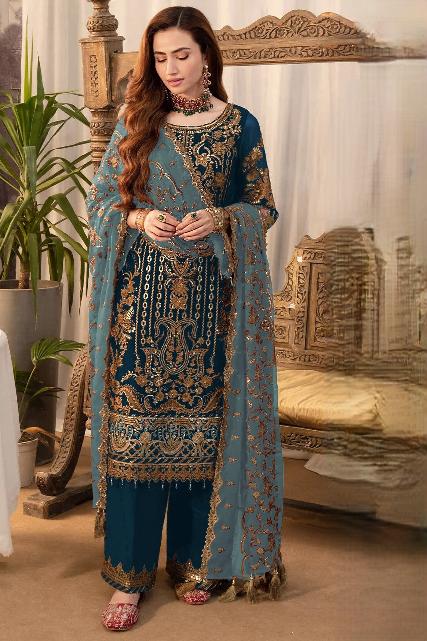 Teal Georgette Kameez With Pant For Indian & Pakistani Wedding Festival - Thread & Sequence Embroidery