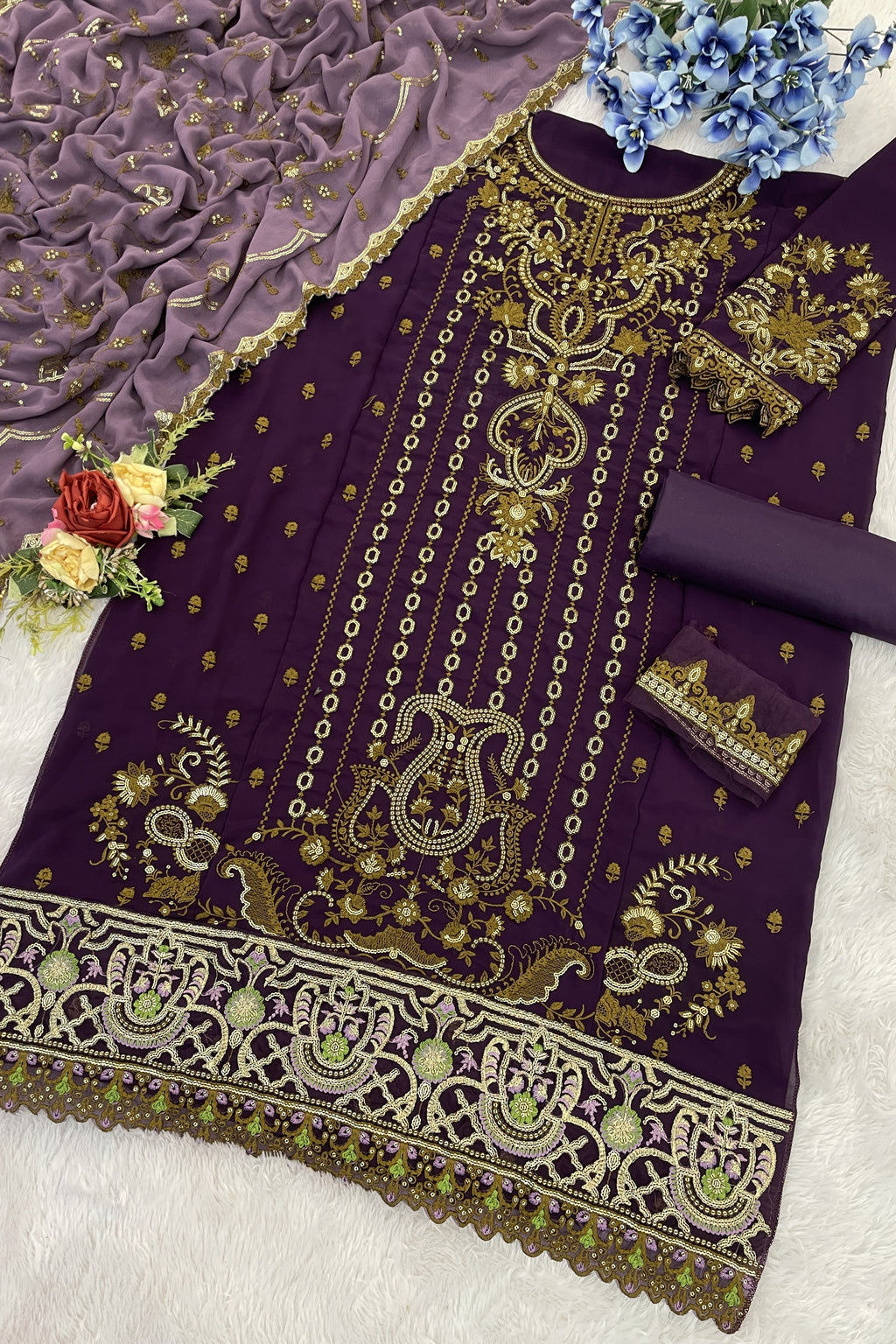 Purple Georgette Kameez With Pant For Indian & Pakistani Wedding Festival - Thread & Sequence Embroidery