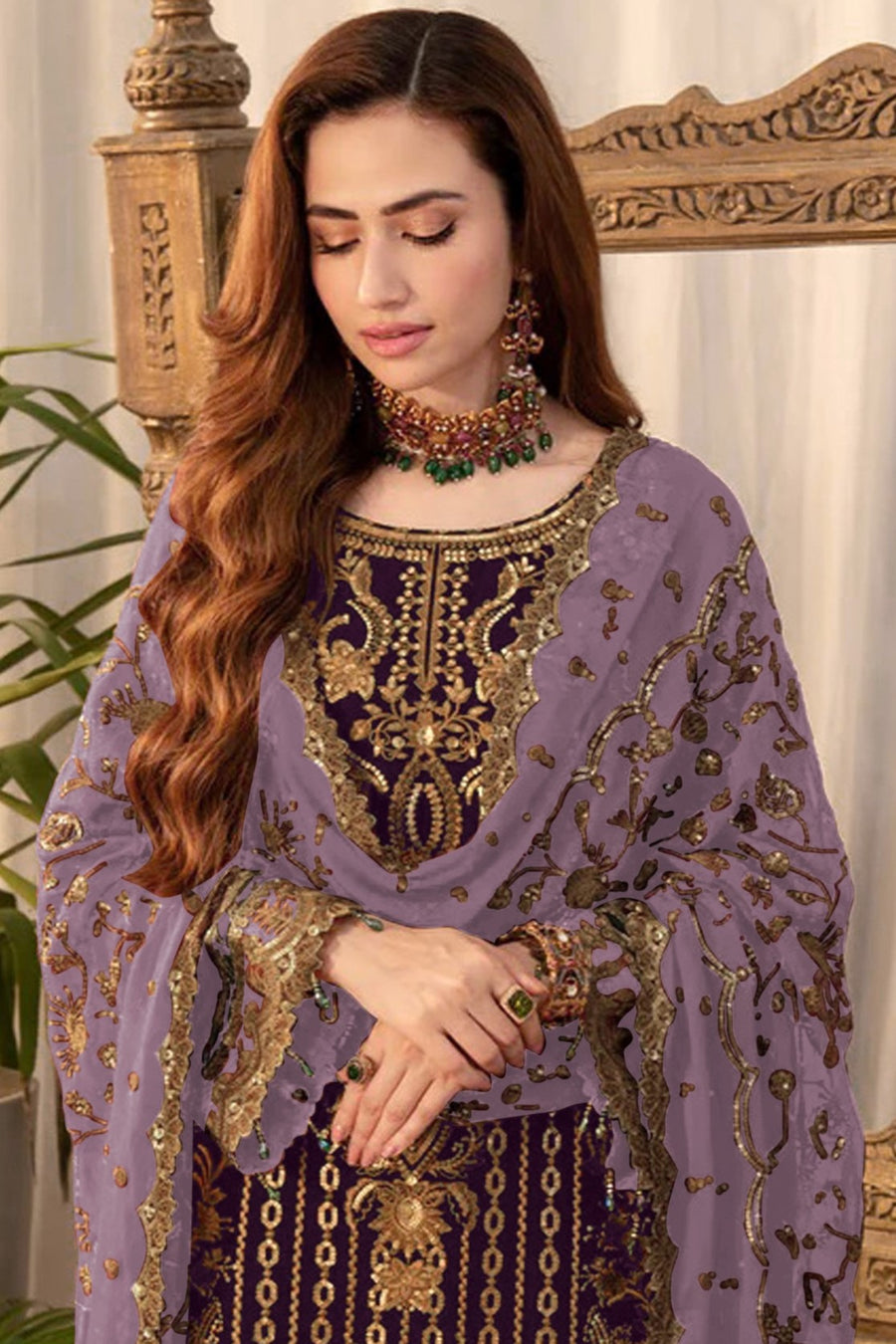 Purple Georgette Kameez With Pant For Indian & Pakistani Wedding Festival - Thread & Sequence Embroidery