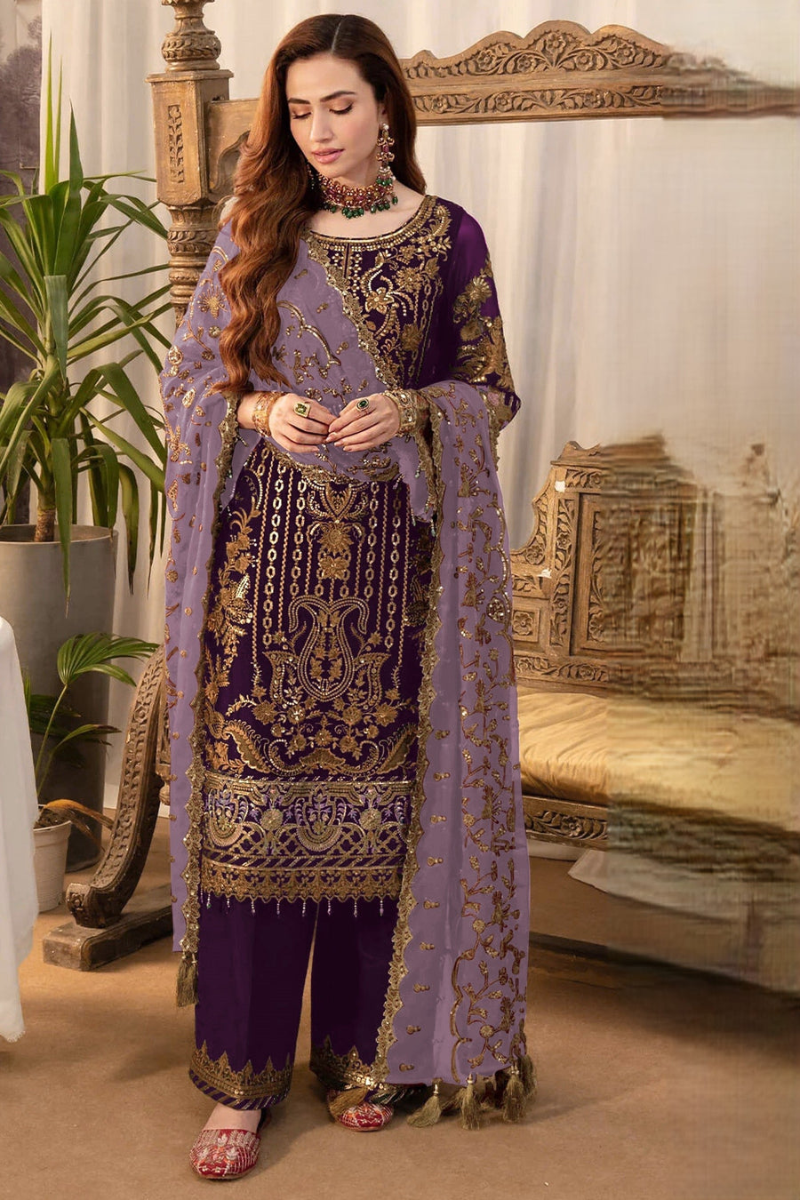 Purple Georgette Kameez With Pant For Indian & Pakistani Wedding Festival - Thread & Sequence Embroidery