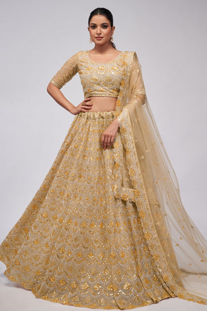 Gold Soft Net Lehenga Choli For Indian Festivals & Weddings - Sequins Work, Bead Work, Zarkan Work