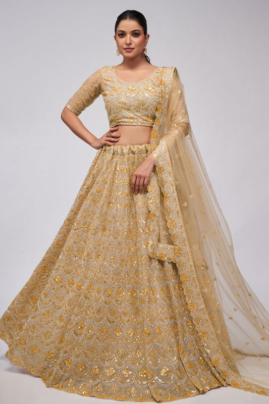 Gold Soft Net Lehenga Choli For Indian Festivals & Weddings - Sequins Work, Bead Work, Zarkan Work