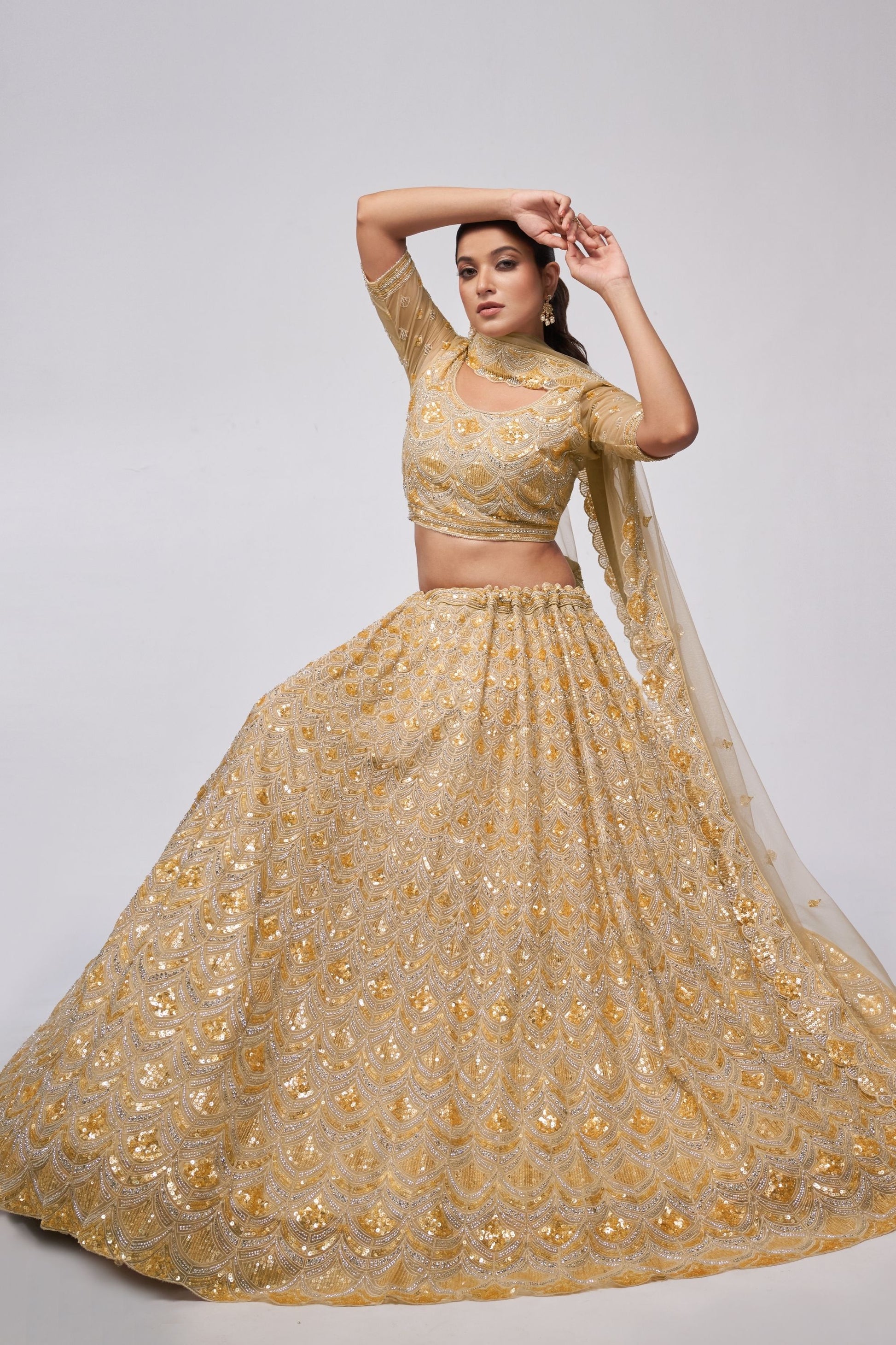 Gold Soft Net Lehenga Choli For Indian Festivals & Weddings - Sequins Work, Bead Work, Zarkan Work