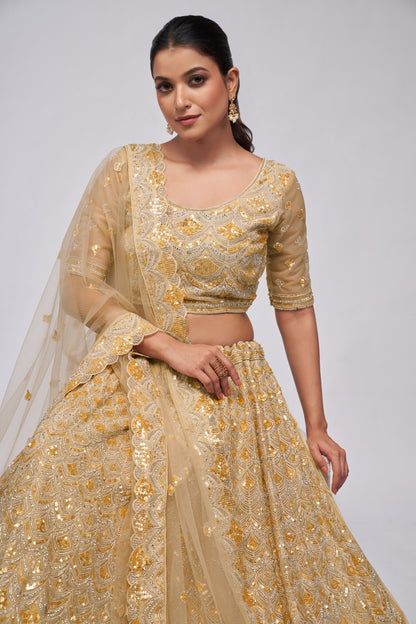 Gold Soft Net Lehenga Choli For Indian Festivals & Weddings - Sequins Work, Bead Work, Zarkan Work