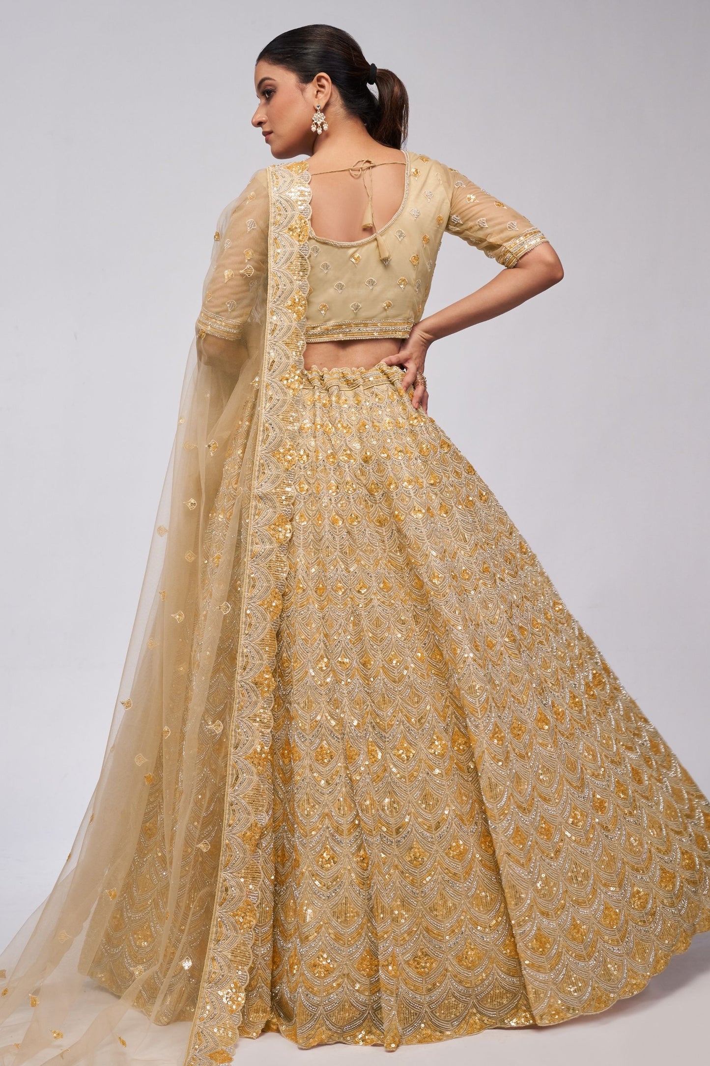 Gold Soft Net Lehenga Choli For Indian Festivals & Weddings - Sequins Work, Bead Work, Zarkan Work