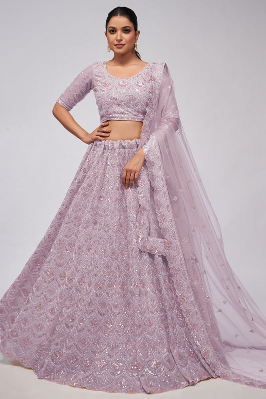 Light Purple Soft Net Lehenga Choli For Indian Festivals & Weddings - Sequins Work, Bead Work, Zarkan Work