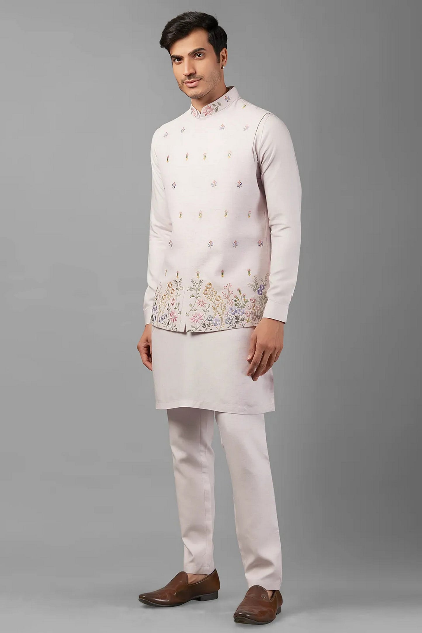 Light Pink Linen Men's Wedding Suit Kurta with Waistcoat & Pant - Embroidery Work