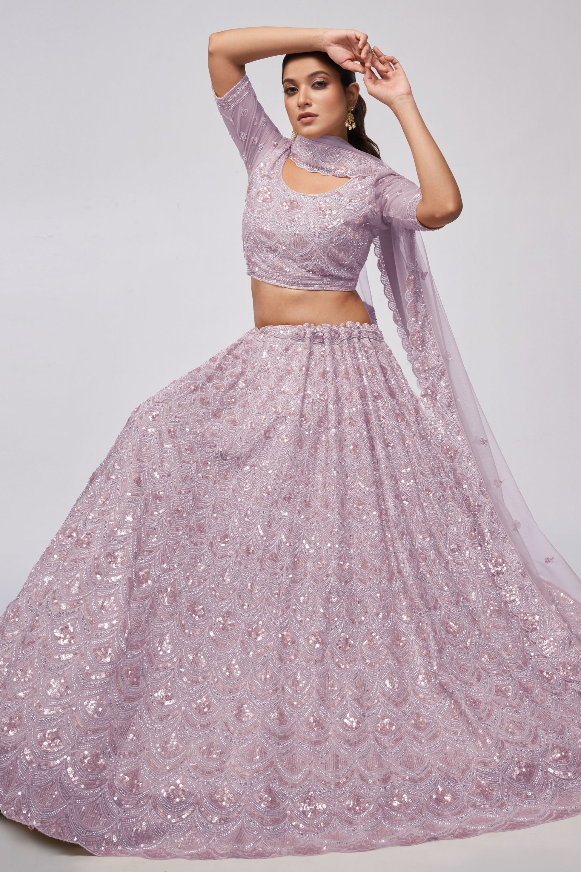 Light Purple Soft Net Lehenga Choli For Indian Festivals & Weddings - Sequins Work, Bead Work, Zarkan Work