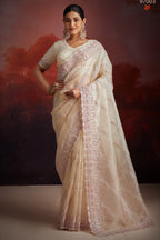 Cream Net Saree with Blouse For Indian Festival & Weddings - Thread Embroidery Work, Sequence Embroidery Work, Zarkan Embroidery Work