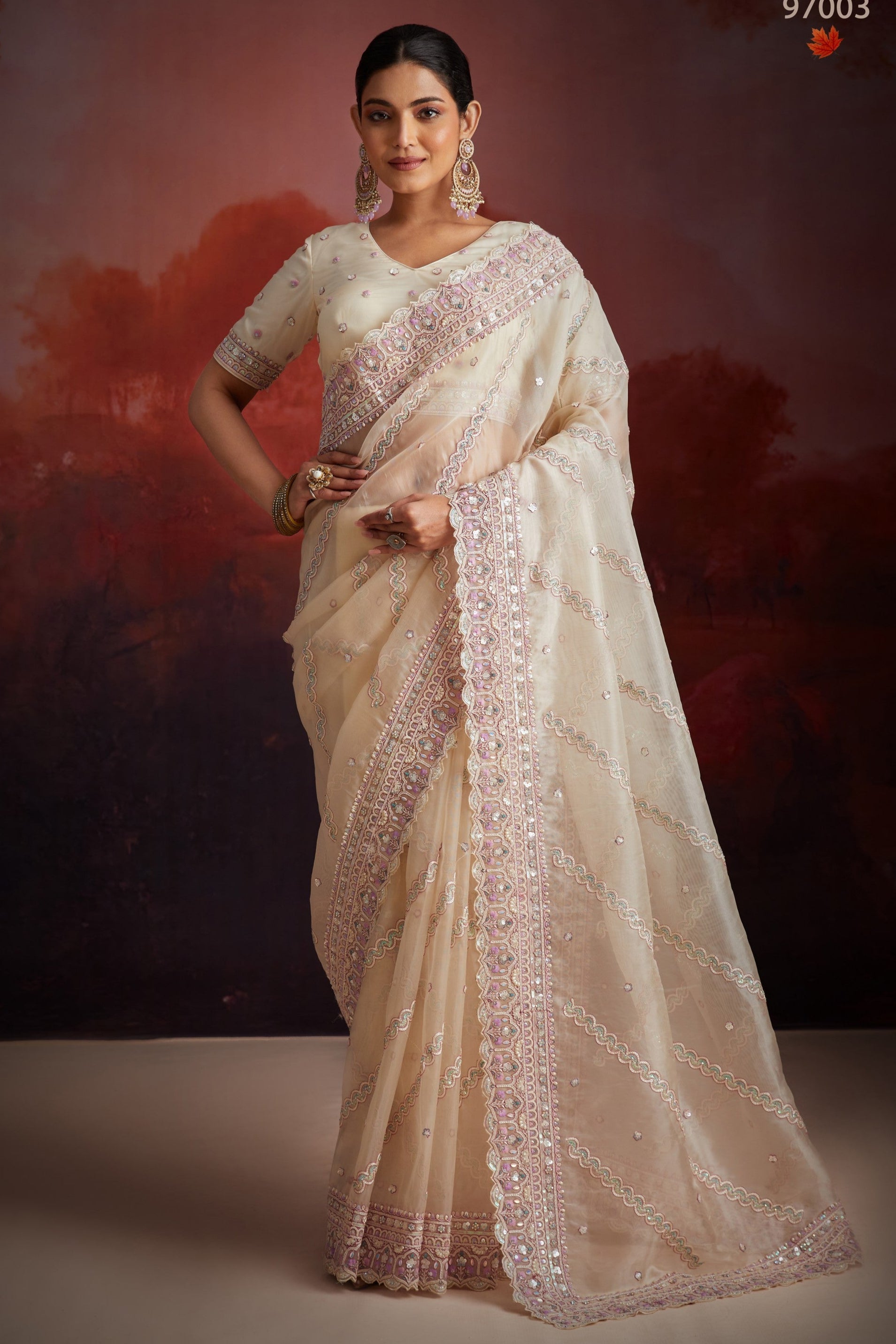 Cream Net Saree with Blouse For Indian Festival & Weddings - Thread Embroidery Work, Sequence Embroidery Work, Zarkan Embroidery Work